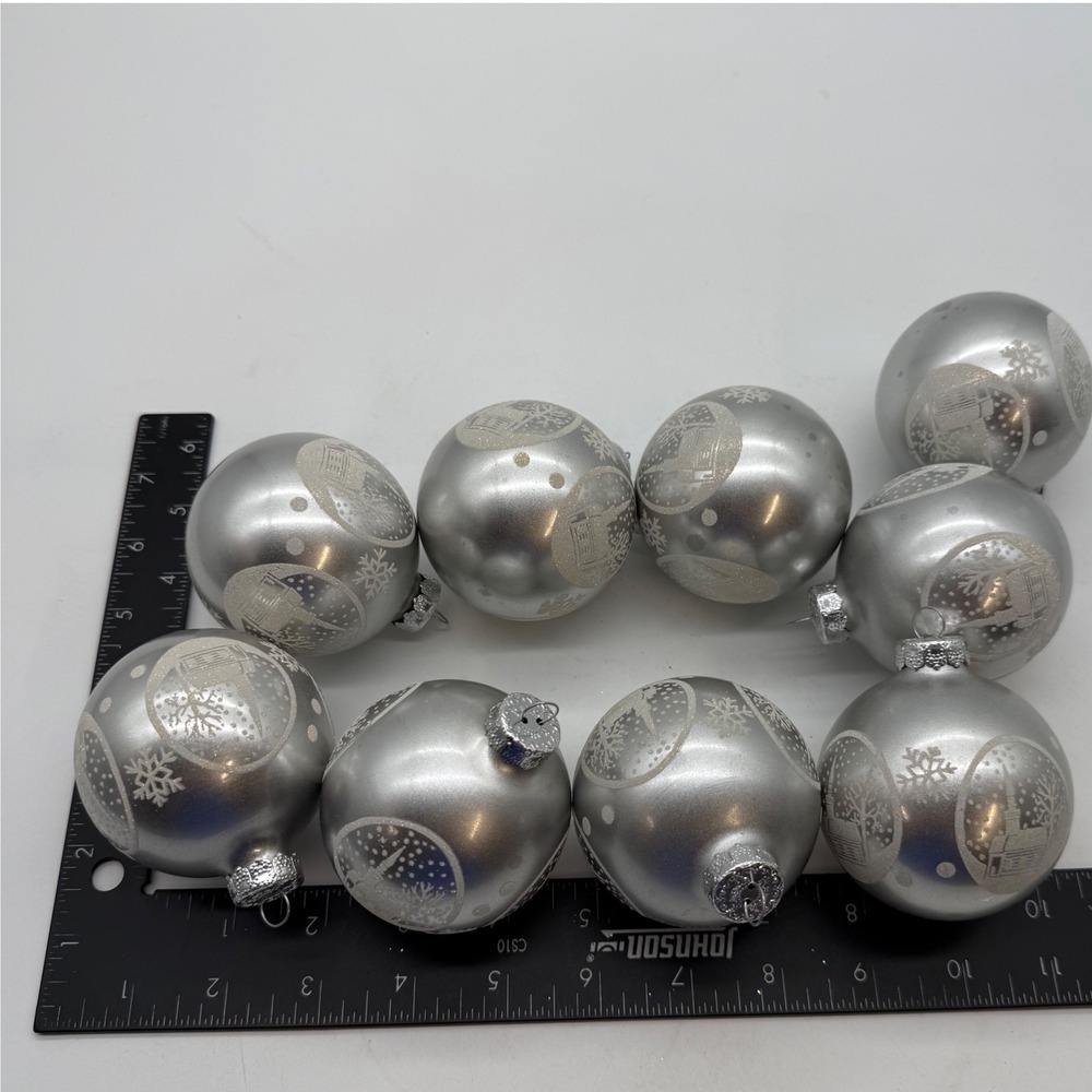 Rauch Silver Glass Christmas Ornaments Set 9 Glitter Church Snowflake USA Made